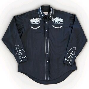Vintage Rockmount Ranch Wear Pearl Snap Shirt Large Bison Bronc Embroidered USA
